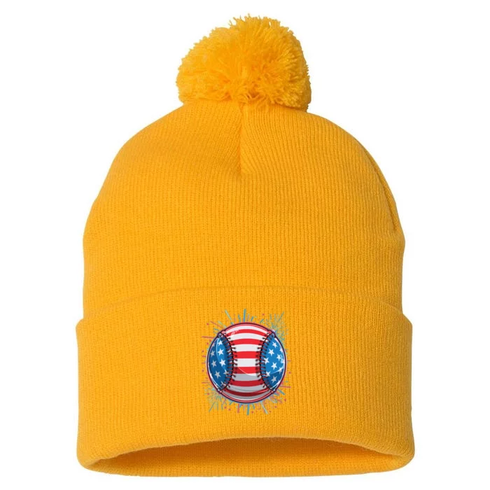 USA American Flag Firework Baseball Pom Pom 12in Knit Beanie