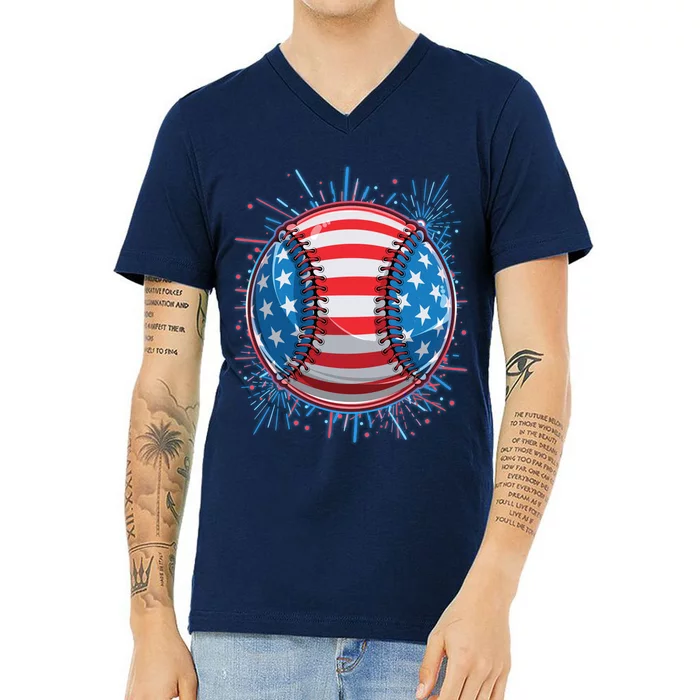 USA American Flag Firework Baseball V-Neck T-Shirt