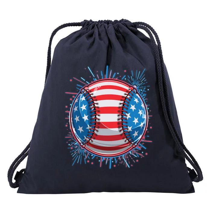 USA American Flag Firework Baseball Drawstring Bag