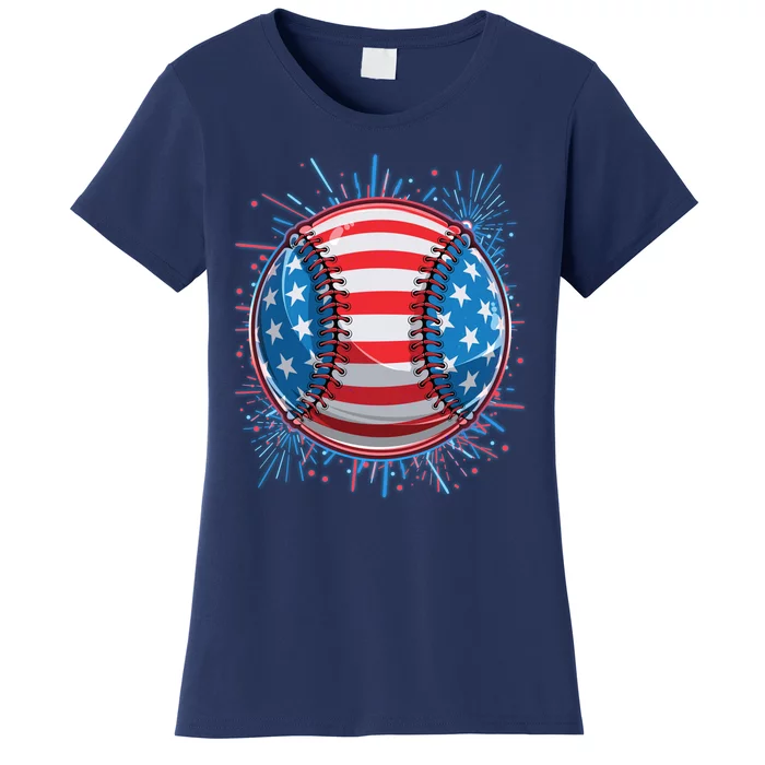 USA American Flag Firework Baseball Women's T-Shirt