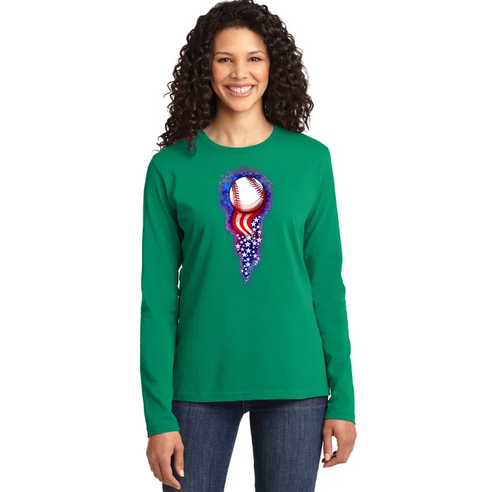 USA American Flag Baseball Star Comet Ladies Long Sleeve Shirt