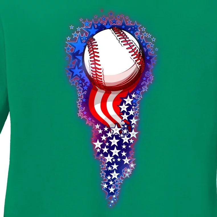 USA American Flag Baseball Star Comet Ladies Long Sleeve Shirt