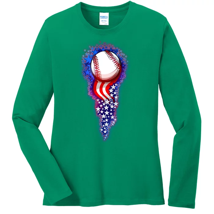 USA American Flag Baseball Star Comet Ladies Long Sleeve Shirt