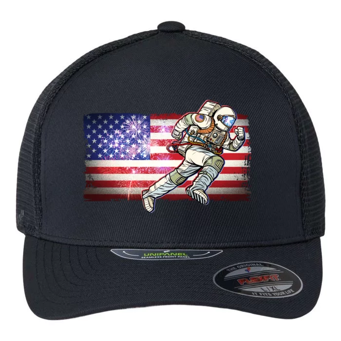 USA American Flag 4th Of July Fireworks Astronaut Flexfit Unipanel Trucker Cap