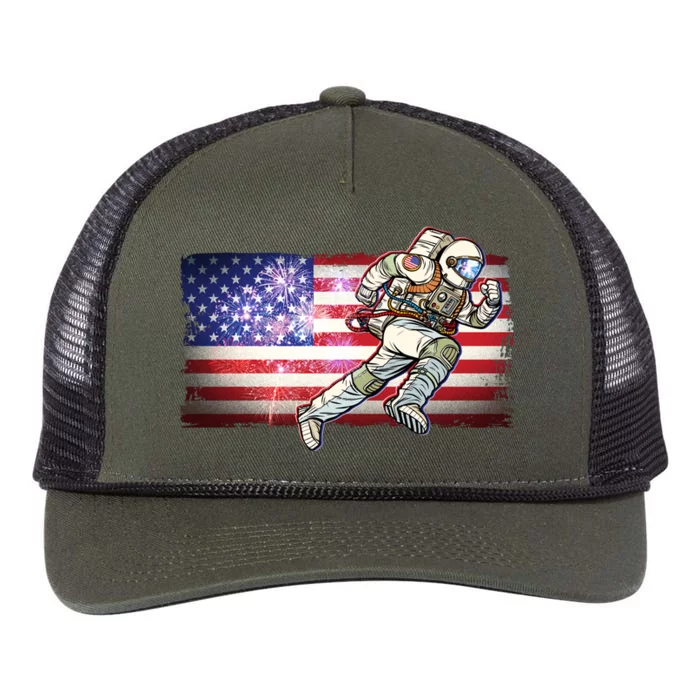 USA American Flag 4th Of July Fireworks Astronaut Retro Rope Trucker Hat Cap