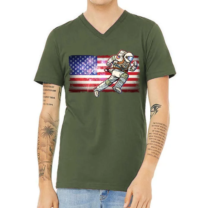 USA American Flag 4th Of July Fireworks Astronaut V-Neck T-Shirt