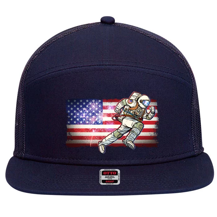 USA American Flag 4th Of July Fireworks Astronaut 7 Panel Mesh Trucker Snapback Hat