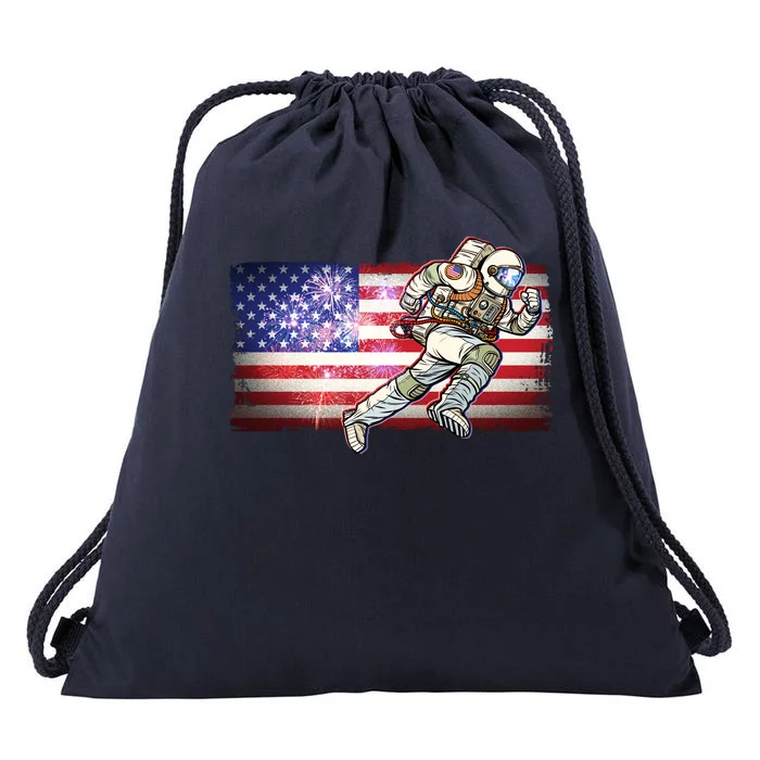 USA American Flag 4th Of July Fireworks Astronaut Drawstring Bag