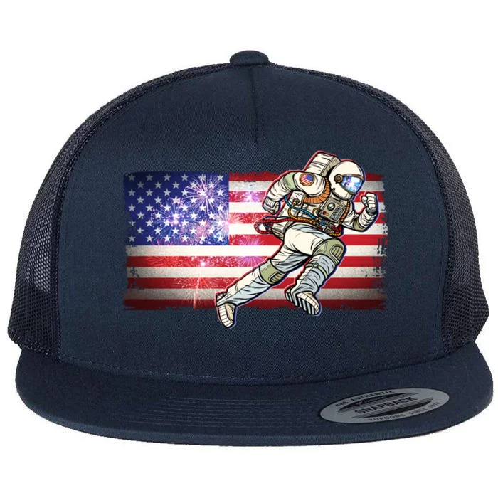 USA American Flag 4th Of July Fireworks Astronaut Flat Bill Trucker Hat