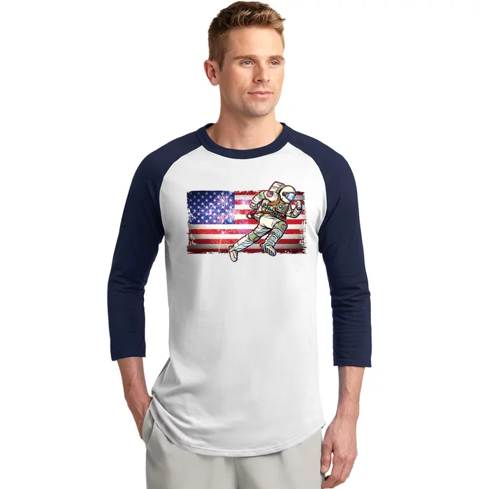 USA American Flag 4th Of July Fireworks Astronaut Baseball Sleeve Shirt