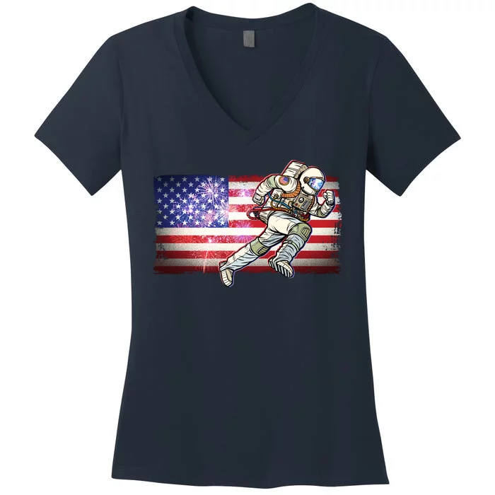 USA American Flag 4th Of July Fireworks Astronaut Women's V-Neck T-Shirt