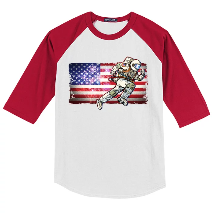 USA American Flag 4th Of July Fireworks Astronaut Kids Colorblock Raglan Jersey