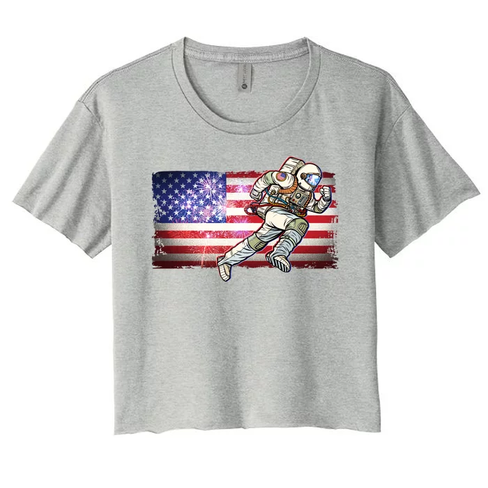 USA American Flag 4th Of July Fireworks Astronaut Women's Crop Top Tee