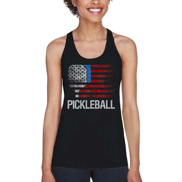 US American Flag Pickleball Player Paddleball Lover Women's Racerback Tank