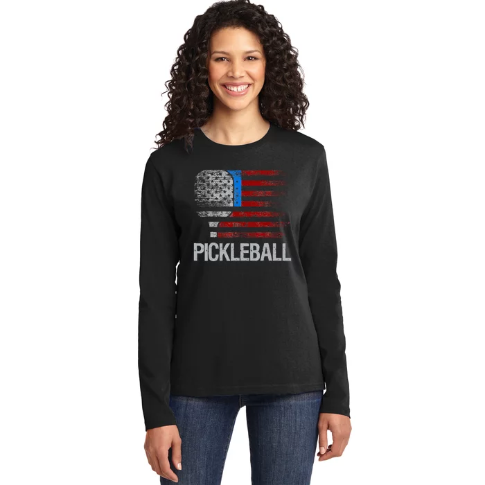 US American Flag Pickleball Player Paddleball Lover Ladies Long Sleeve Shirt