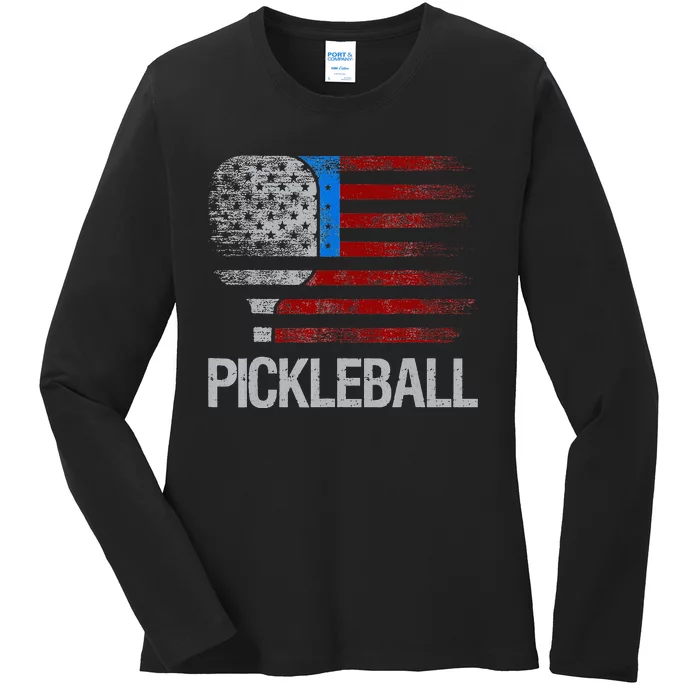 US American Flag Pickleball Player Paddleball Lover Ladies Long Sleeve Shirt