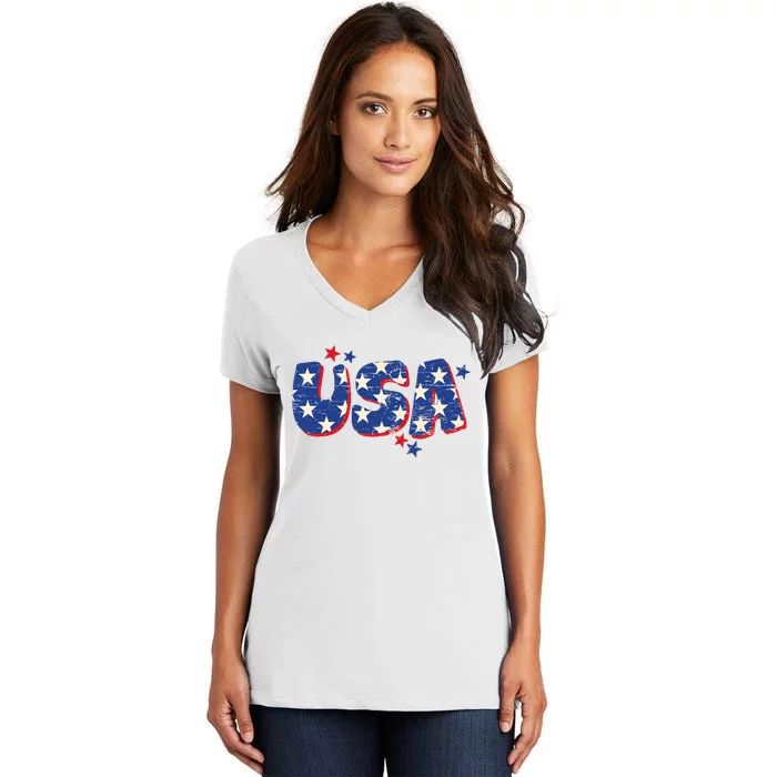 Usa American Flag 4th Of July Boy Girl Vintage Women's V-Neck T-Shirt