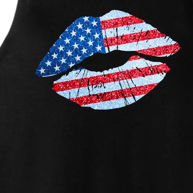 USA American Flag Sparkle Lip Makeup Ladies Tri-Blend Wicking Tank