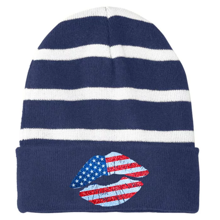 USA American Flag Sparkle Lip Makeup Striped Beanie with Solid Band