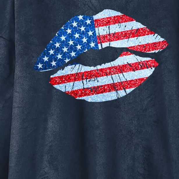 USA American Flag Sparkle Lip Makeup Hooded Wearable Blanket