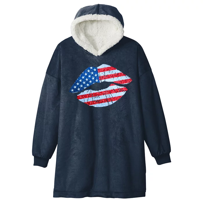 USA American Flag Sparkle Lip Makeup Hooded Wearable Blanket