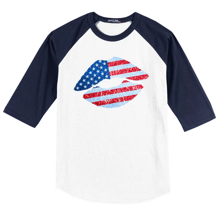 USA American Flag Sparkle Lip Makeup Baseball Sleeve Shirt