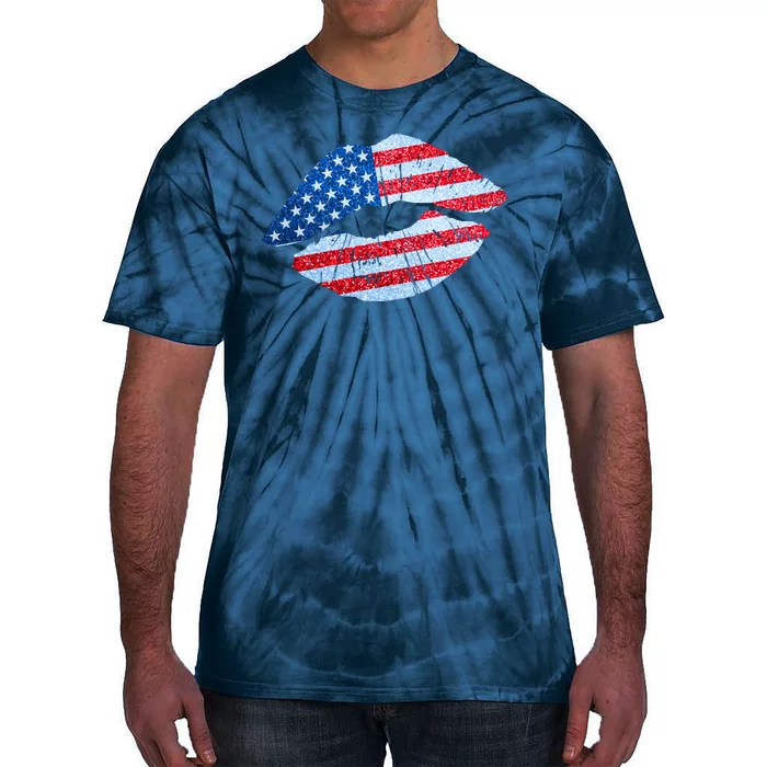 USA American Flag Sparkle Lip Makeup Tie-Dye T-Shirt