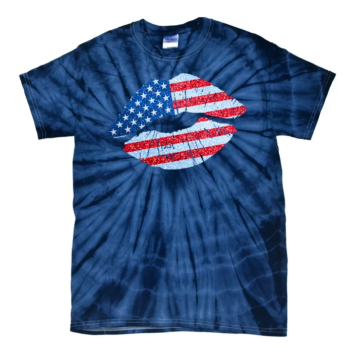 USA American Flag Sparkle Lip Makeup Tie-Dye T-Shirt