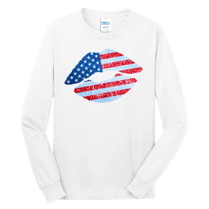 USA American Flag Sparkle Lip Makeup Tall Long Sleeve T-Shirt