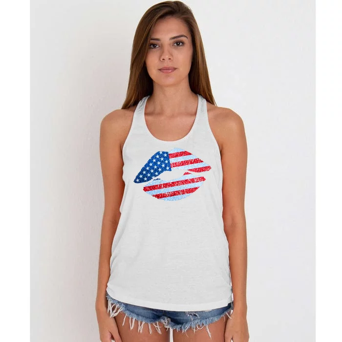 USA American Flag Sparkle Lip Makeup Women's Knotted Racerback Tank