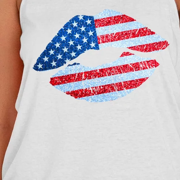 USA American Flag Sparkle Lip Makeup Women's Knotted Racerback Tank