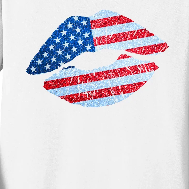 USA American Flag Sparkle Lip Makeup Kids Long Sleeve Shirt