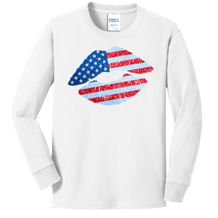 USA American Flag Sparkle Lip Makeup Kids Long Sleeve Shirt