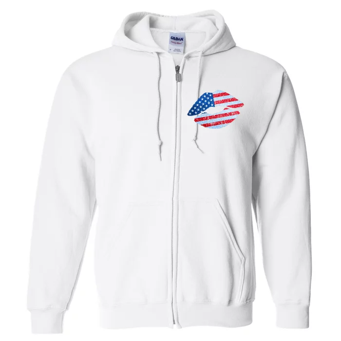 USA American Flag Sparkle Lip Makeup Full Zip Hoodie