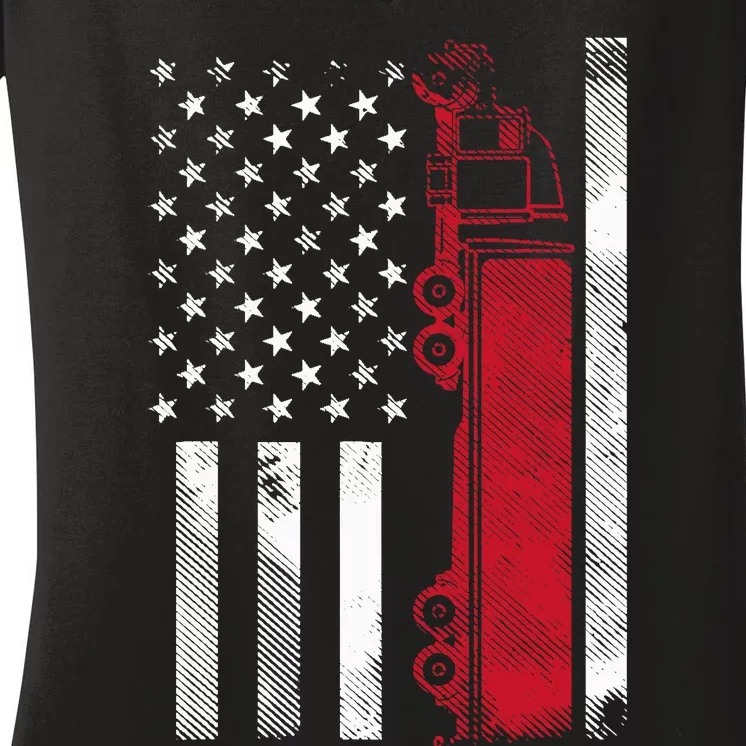 Us American Flag Semi Truck Driver 18 Wheeler Trucker Gift Women's V-Neck T-Shirt