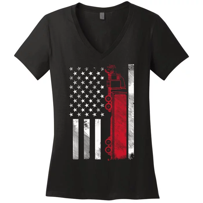 Us American Flag Semi Truck Driver 18 Wheeler Trucker Gift Women's V-Neck T-Shirt