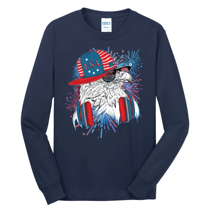 USA American Flag Fireworks Hip Hop Headphones Eagle Tall Long Sleeve T-Shirt