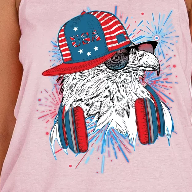 USA American Flag Fireworks Hip Hop Headphones Eagle Women's Knotted Racerback Tank