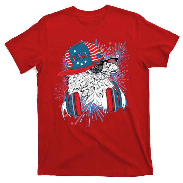 USA American Flag Fireworks Hip Hop Headphones Eagle T-Shirt