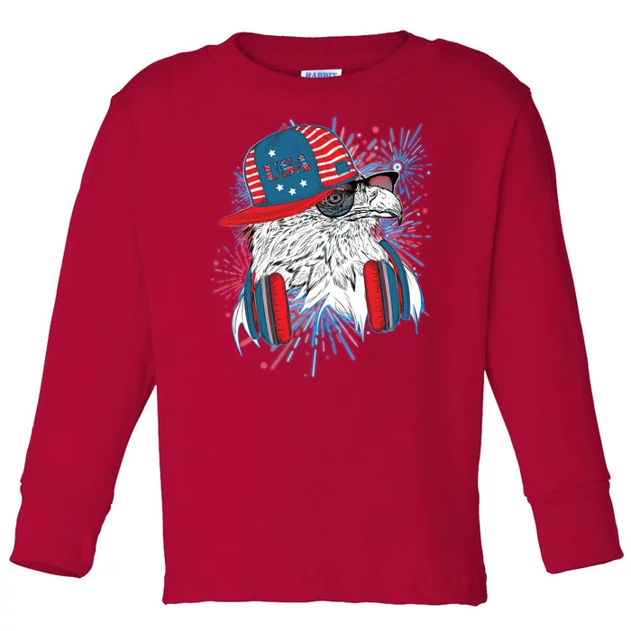 USA American Flag Fireworks Hip Hop Headphones Eagle Toddler Long Sleeve Shirt