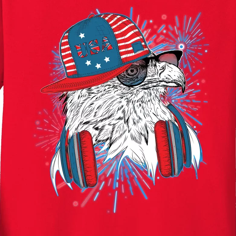 USA American Flag Fireworks Hip Hop Headphones Eagle Kids Long Sleeve Shirt