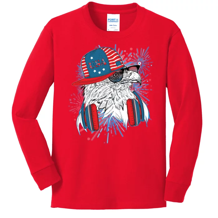 USA American Flag Fireworks Hip Hop Headphones Eagle Kids Long Sleeve Shirt