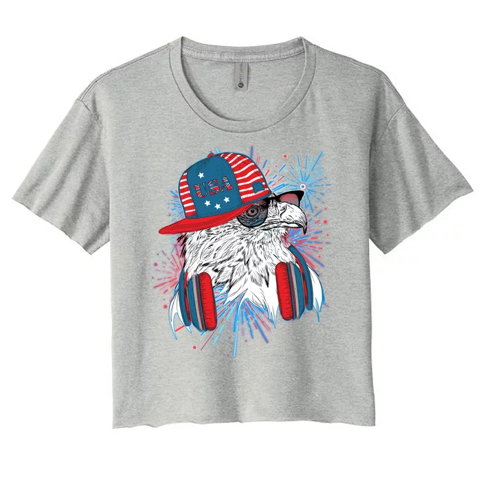 USA American Flag Fireworks Hip Hop Headphones Eagle Women's Crop Top Tee