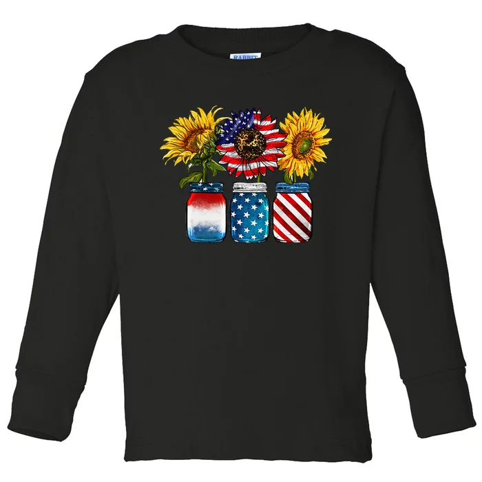 USA American Flag Sunflower Patriotic 4th Of July America Toddler Long Sleeve Shirt