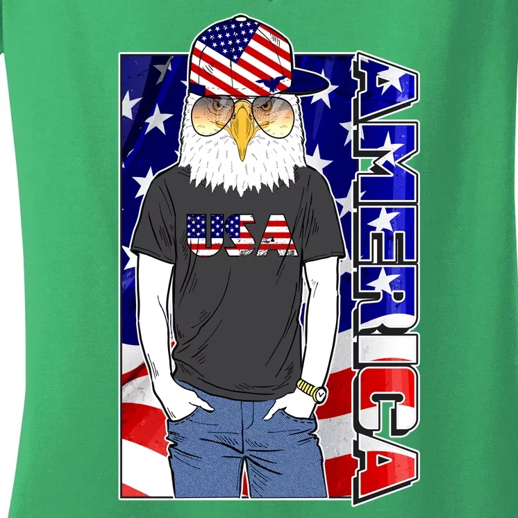 USA America Flag Hip Hop Eagle Women's V-Neck T-Shirt