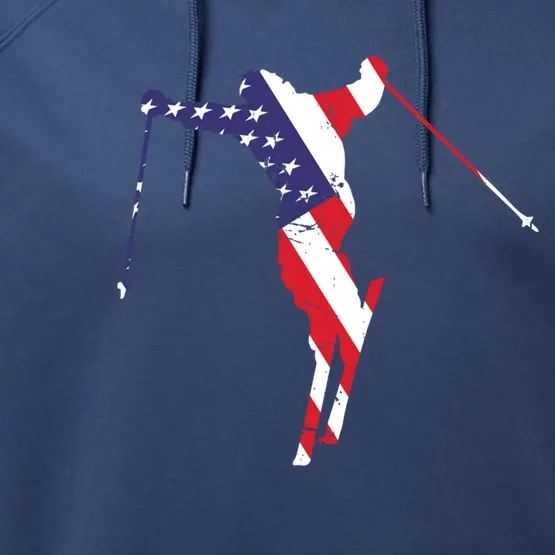 Usa American Flag Snow Skiing Graphic Ski Lover Great Gift Performance Fleece Hoodie