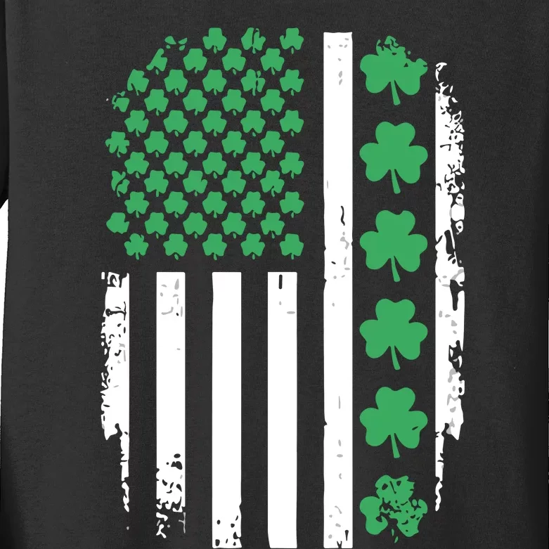 Us American Flag With Shamrocks For St Patricks Day Kids Long Sleeve Shirt