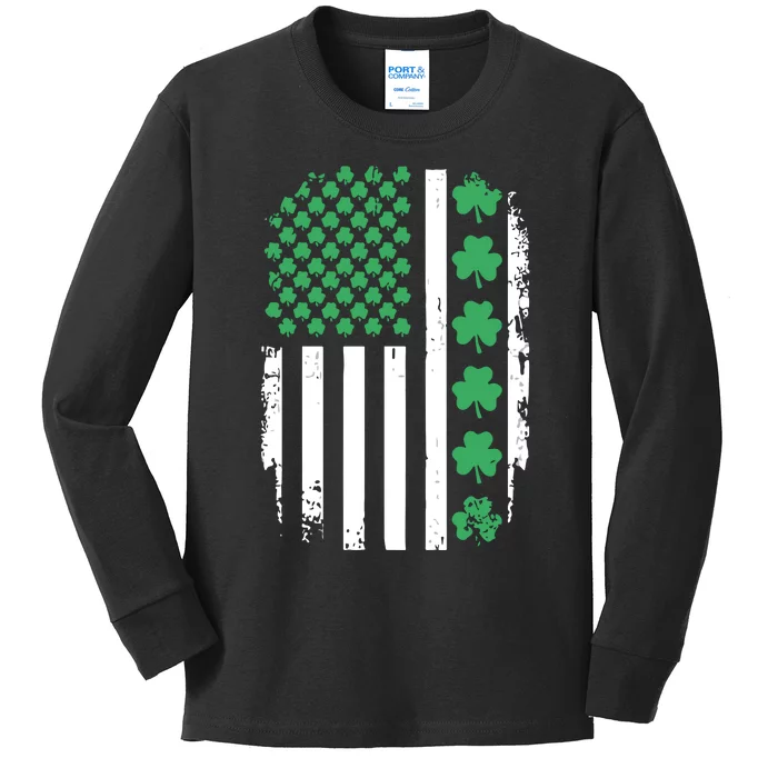 Us American Flag With Shamrocks For St Patricks Day Kids Long Sleeve Shirt