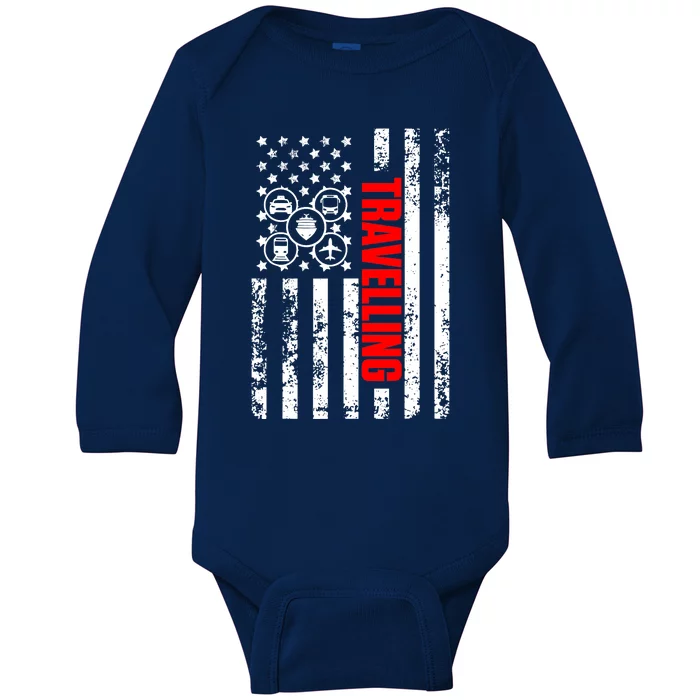 US American Flag Explore Whole World Patriotic Travelling Baby Long Sleeve Bodysuit