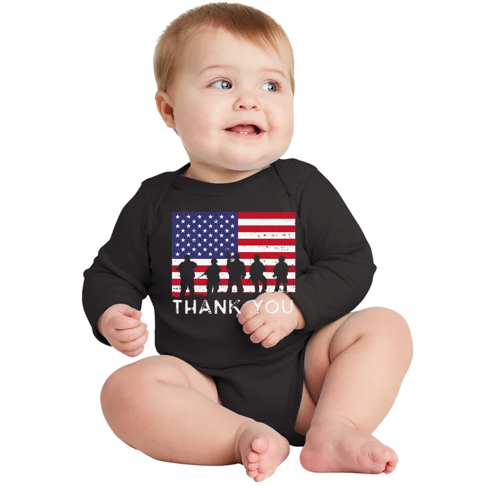 US American Flag Soldiers Thank You Memorial Day Patriotic Baby Long Sleeve Bodysuit